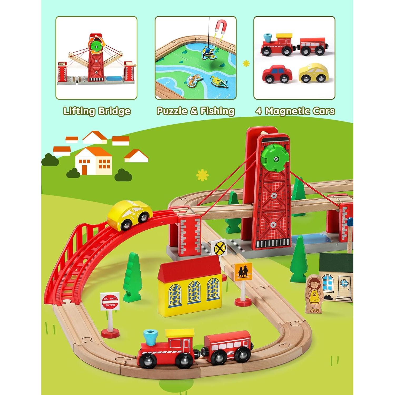 Juego de Tren de Madera SainSmart Jr. con Puente Elevador 2.07 kg