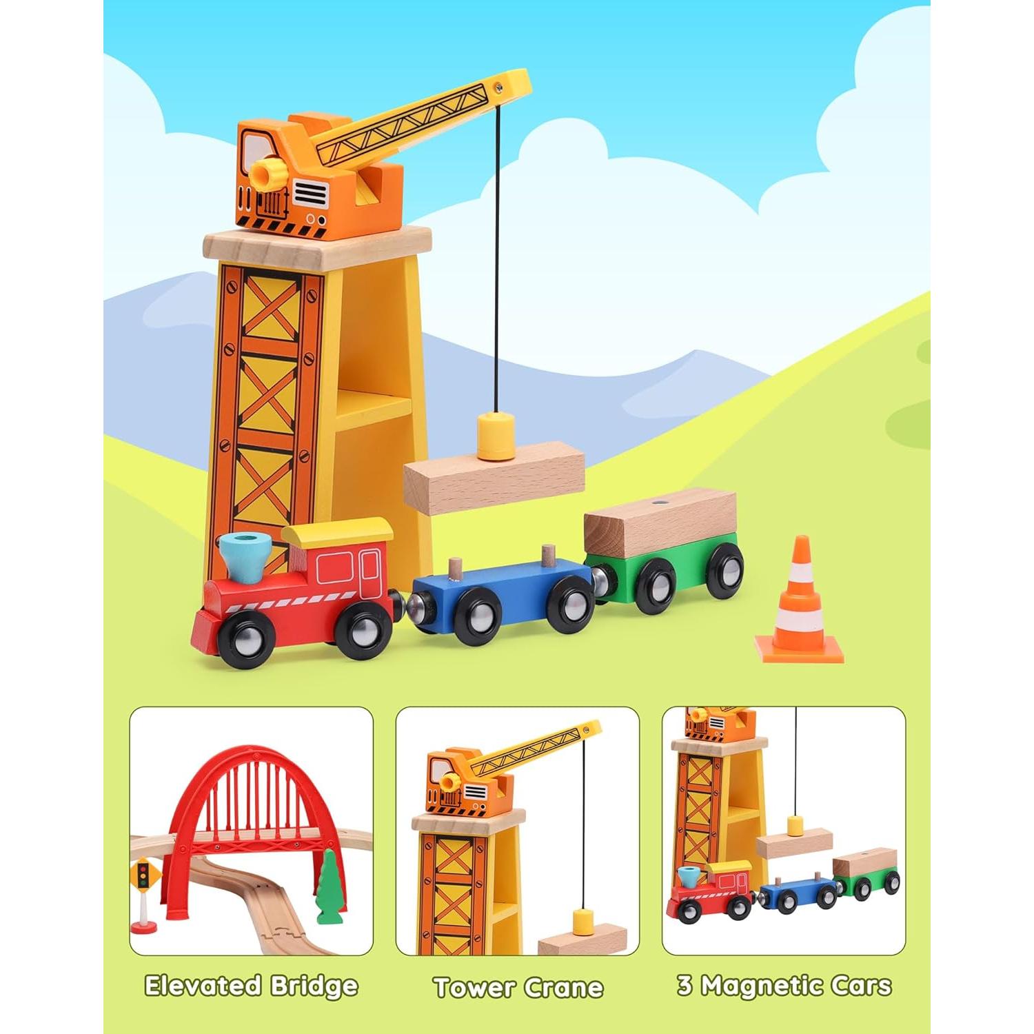 Set de Tren de Madera SainSmart Jr. 41 Piezas con Grúa