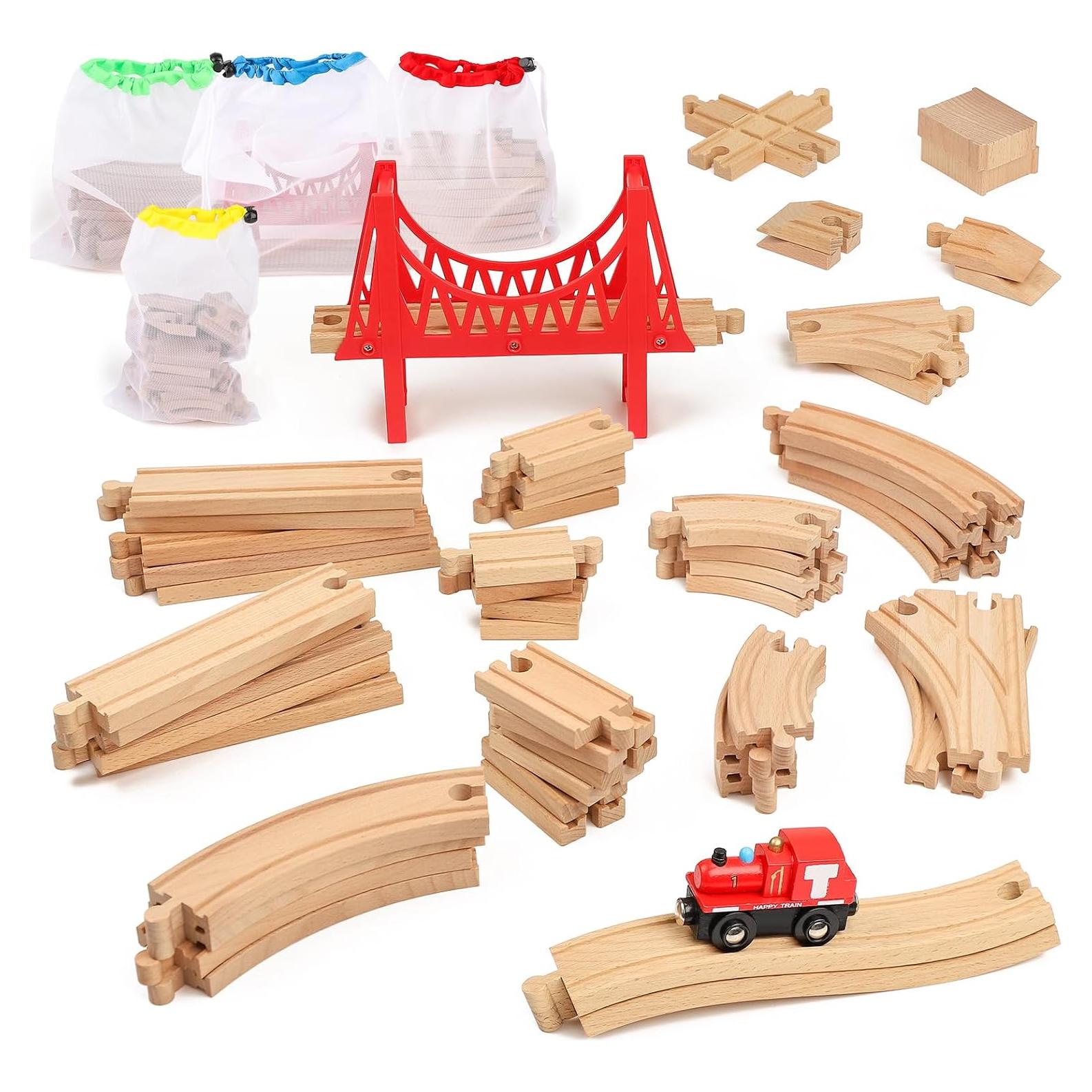 Juego de Pistas de Tren de Madera WudBudz 60 Piezas 100% Compatible