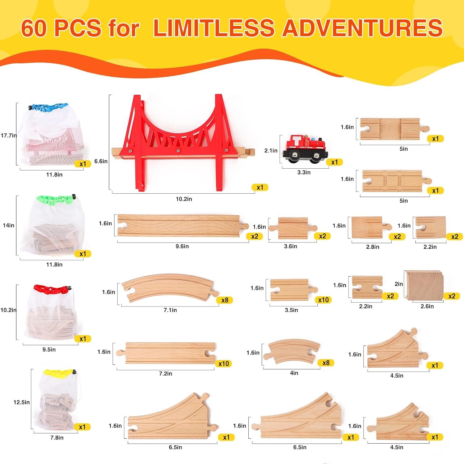 Juego de Pistas de Tren de Madera WudBudz 60 Piezas 100% Compatible