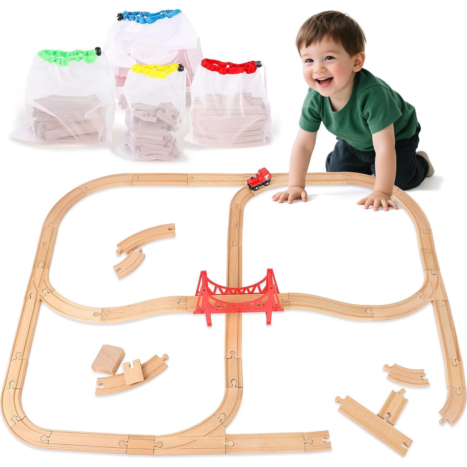 Juego de Pistas de Tren de Madera WudBudz 60 Piezas 100% Compatible