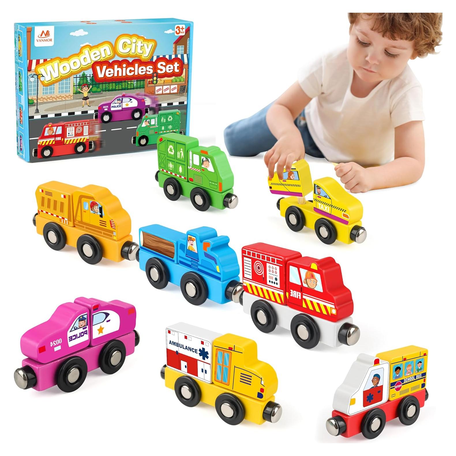 Juego de Tren de Madera Vanmor 8 Piezas para Niños 3-5 Años