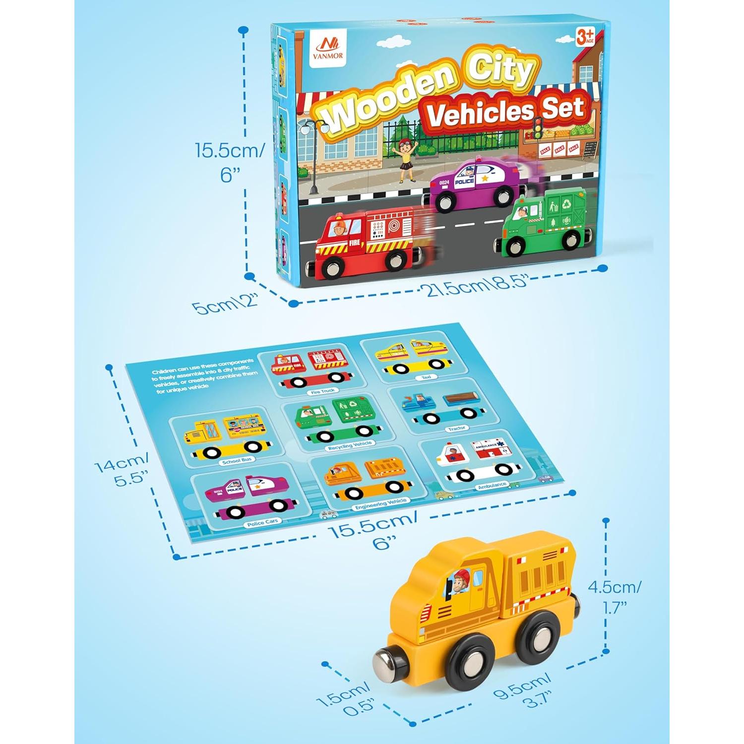 Juego de Tren de Madera Vanmor 8 Piezas para Niños 3-5 Años