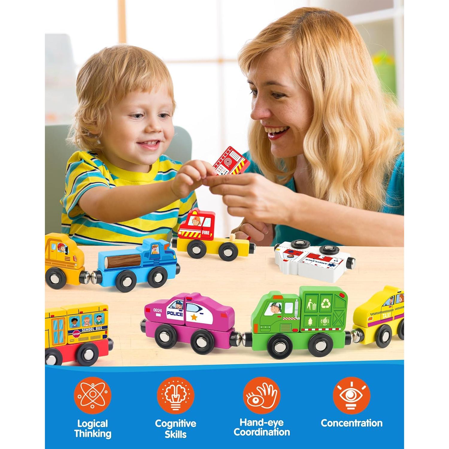 Juego de Tren de Madera Vanmor 8 Piezas para Niños 3-5 Años