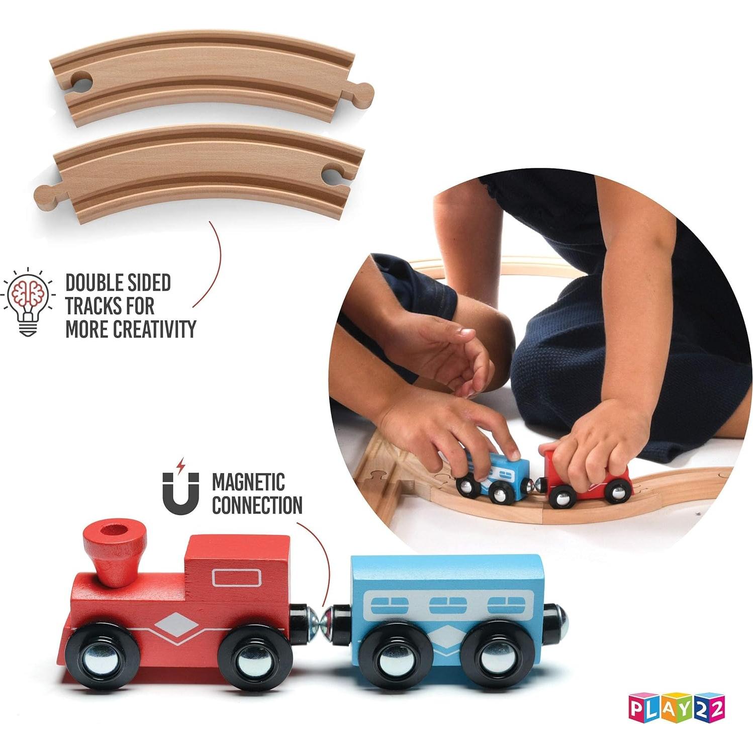 Pistas de Tren de Madera Play22 - 52 PCS + 2 Trenes - Compatible
