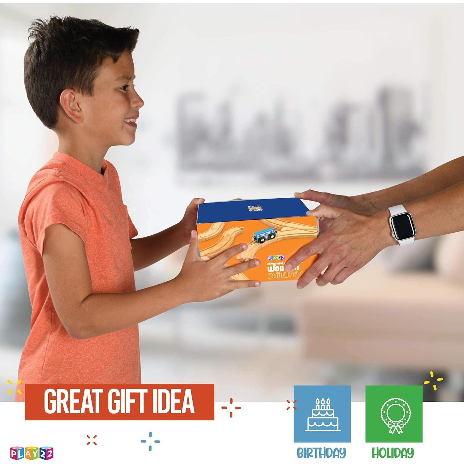 Pistas de Tren de Madera Play22 - 52 PCS + 2 Trenes - Compatible