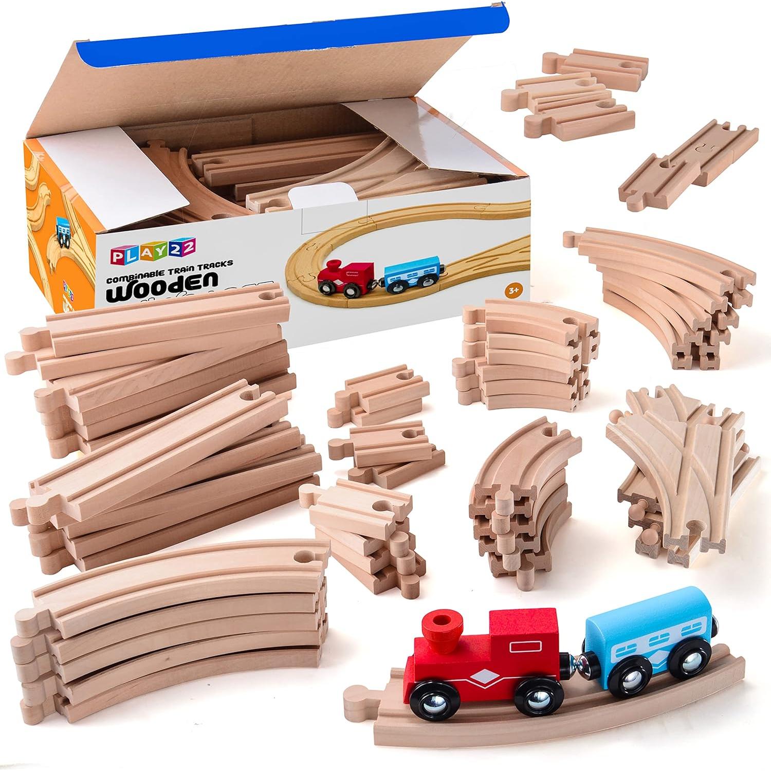 Pistas de Tren de Madera Play22 - 52 PCS + 2 Trenes - Compatible