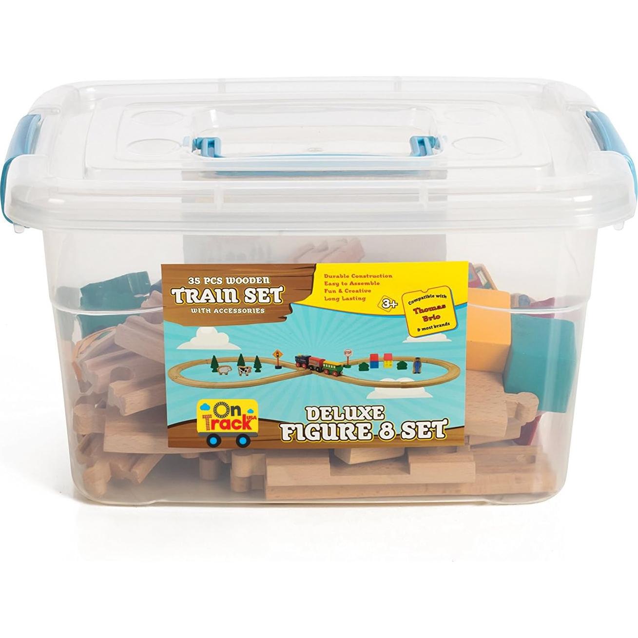 Juego de tren de madera On Track USA 35 piezas magnéticas