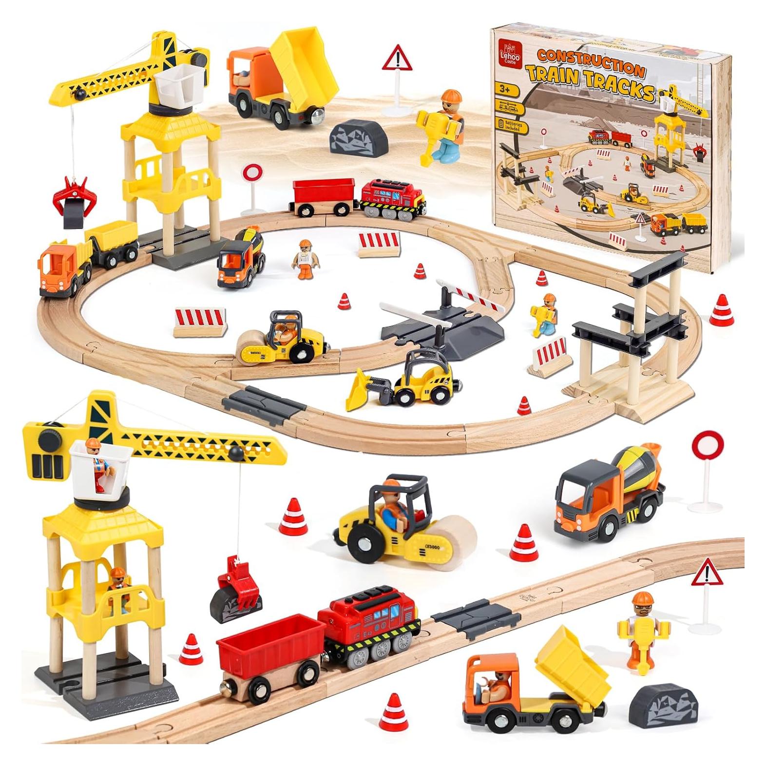 Juego de Tren de Madera Lehoo Castle con Grúa y Pistas