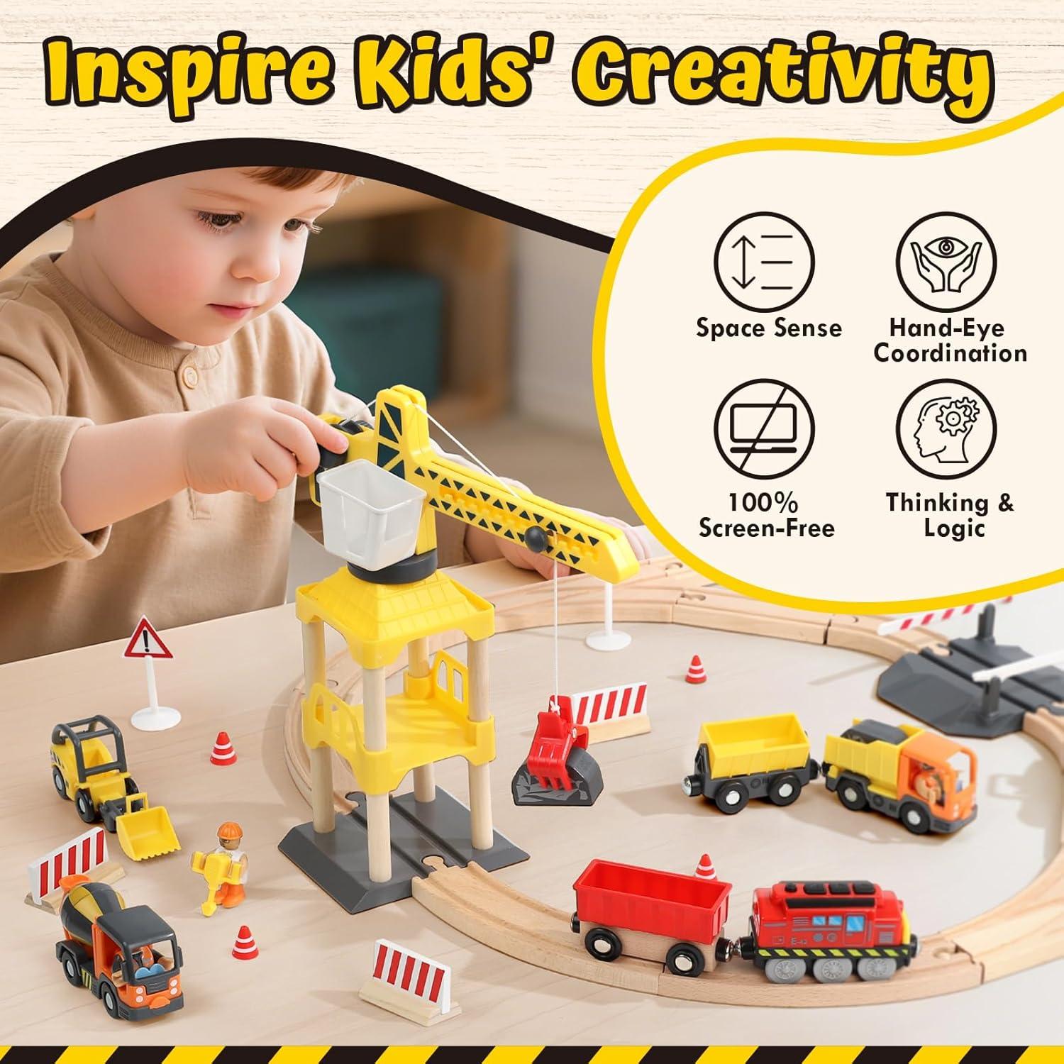 Juego de Tren de Madera Lehoo Castle con Grúa y Pistas