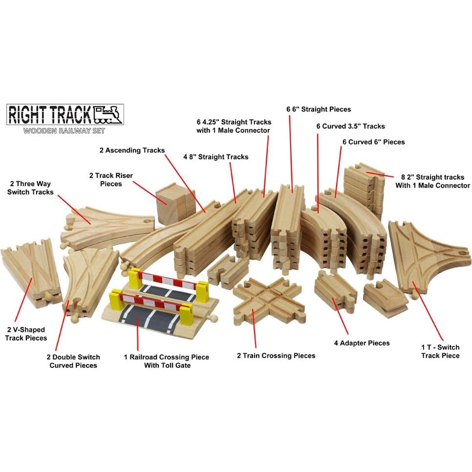 Juego de Vías de Tren de Madera Premium Right Track 56 Piezas