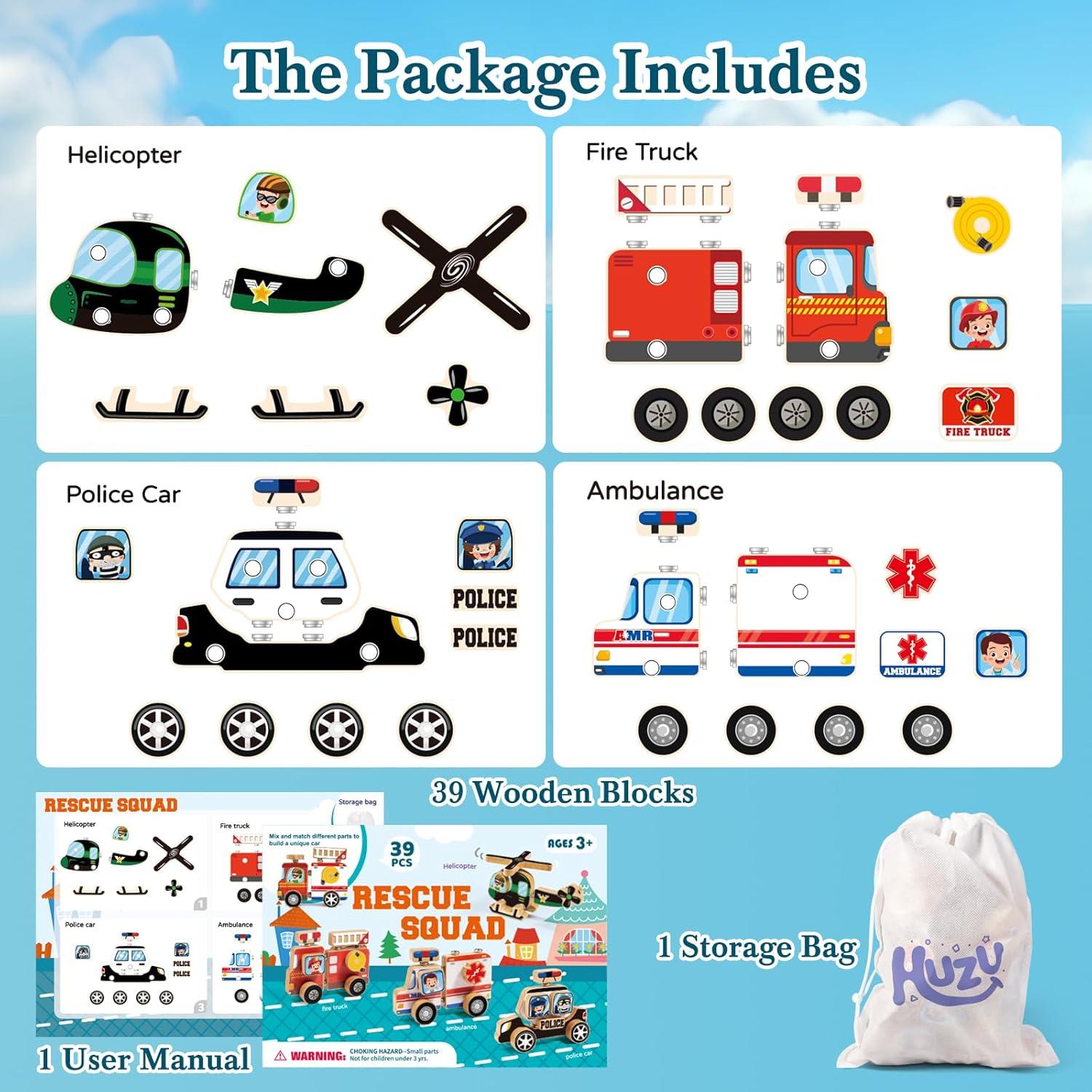 HUZU Juguete Rompecabezas 3D Madera Vehículos Emergencia 39 Piezas