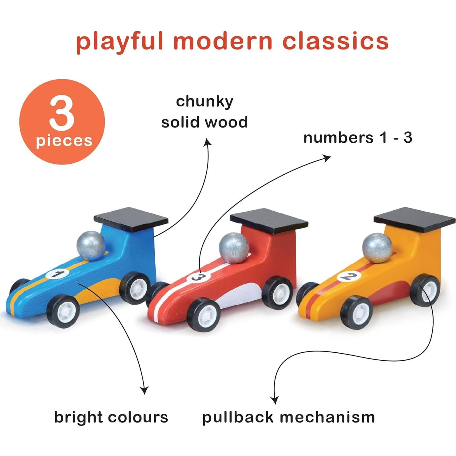 Coches de Carreras de Retroceso Mentari - 3 Piezas de Madera