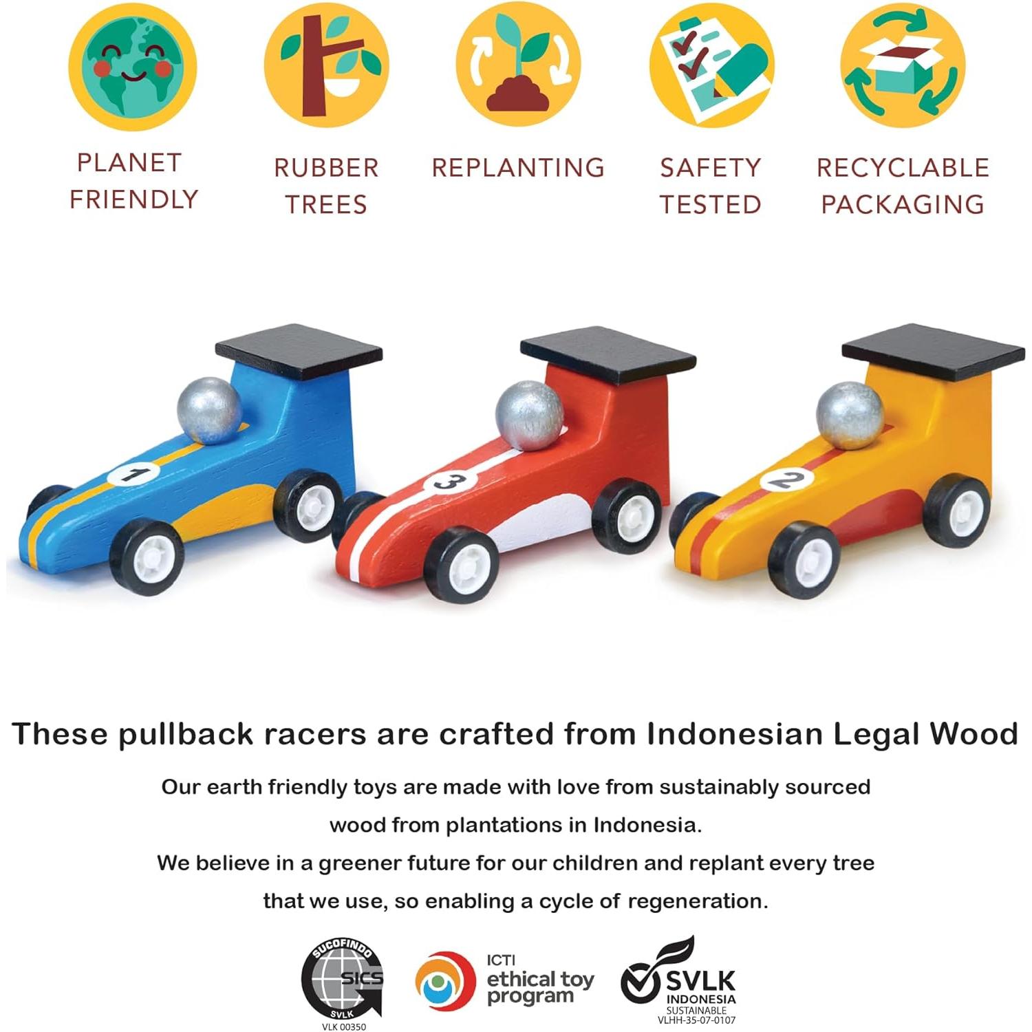 Coches de Carreras de Retroceso Mentari - 3 Piezas de Madera