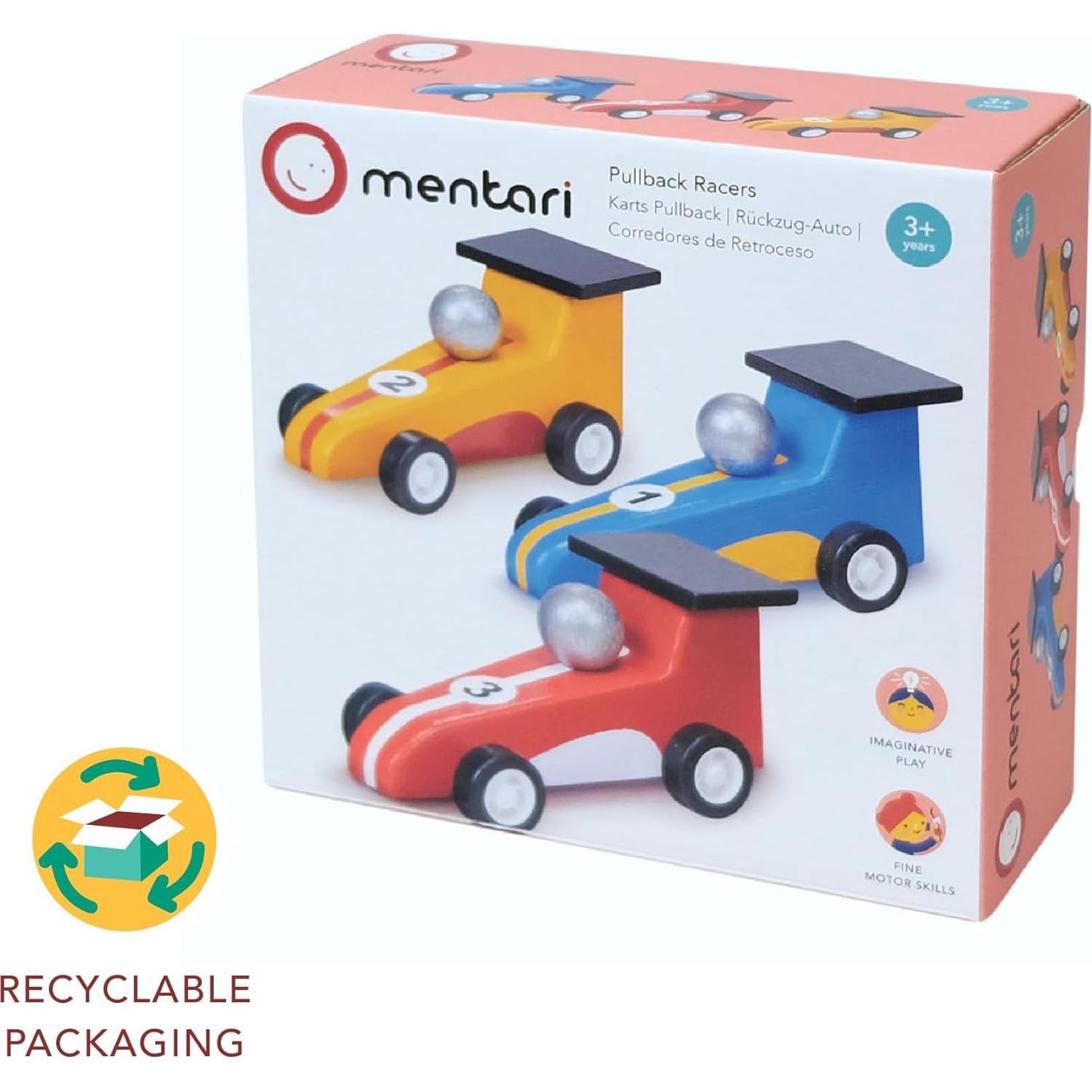 Coches de Carreras de Retroceso Mentari - 3 Piezas de Madera