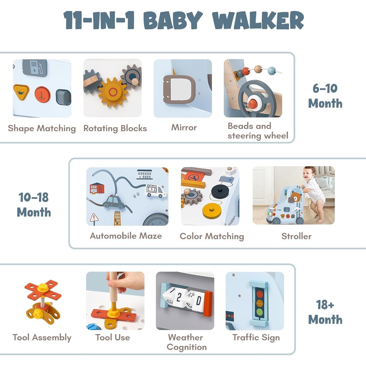 Andador de bebé de madera Goli Toys 3 en 1 con actividades