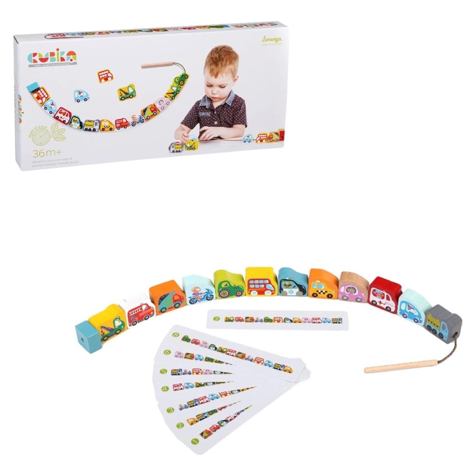 CUBIKA Juguete de Enhebrar Coches de Madera - Montessori 3+