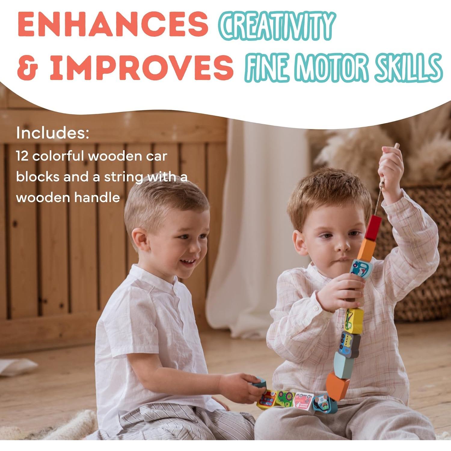 CUBIKA Juguete de Enhebrar Coches de Madera - Montessori 3+