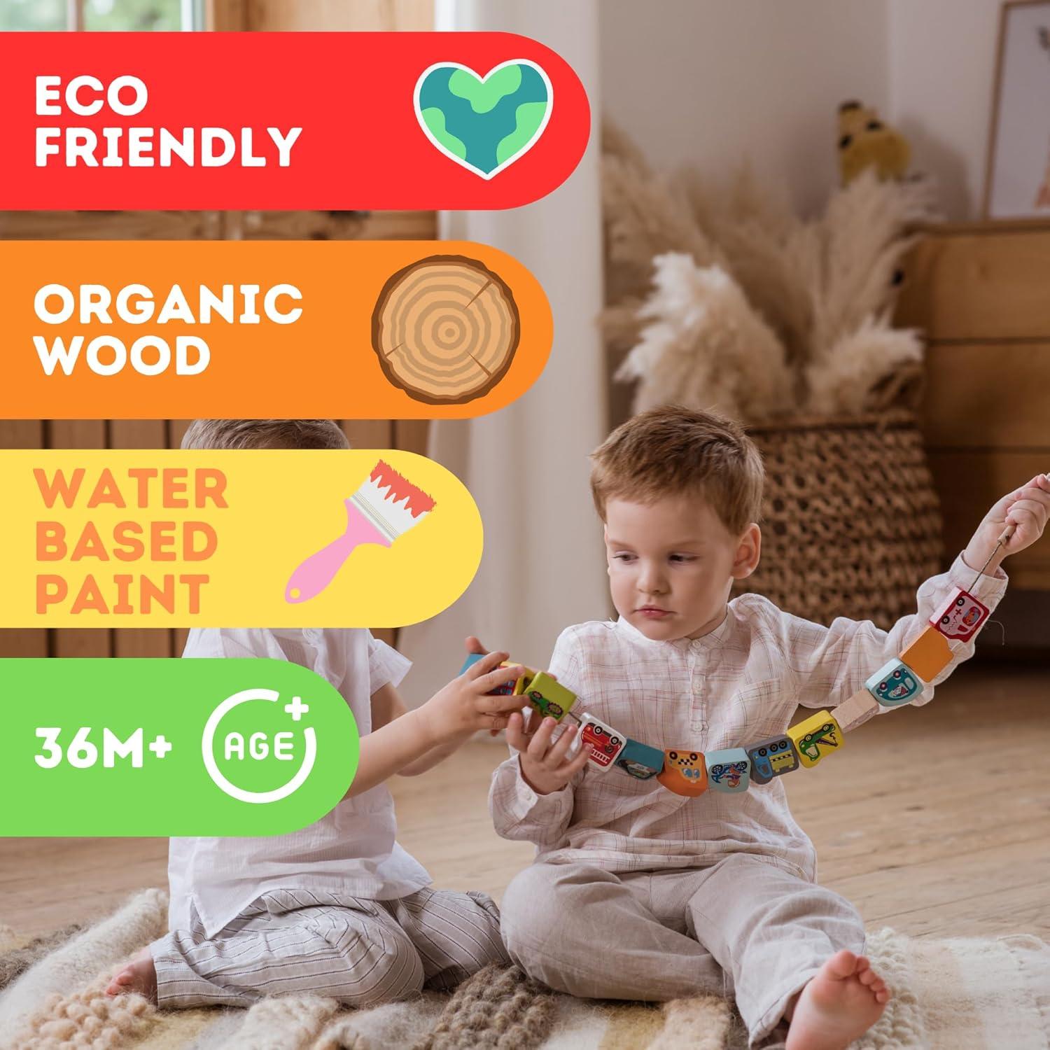 CUBIKA Juguete de Enhebrar Coches de Madera - Montessori 3+