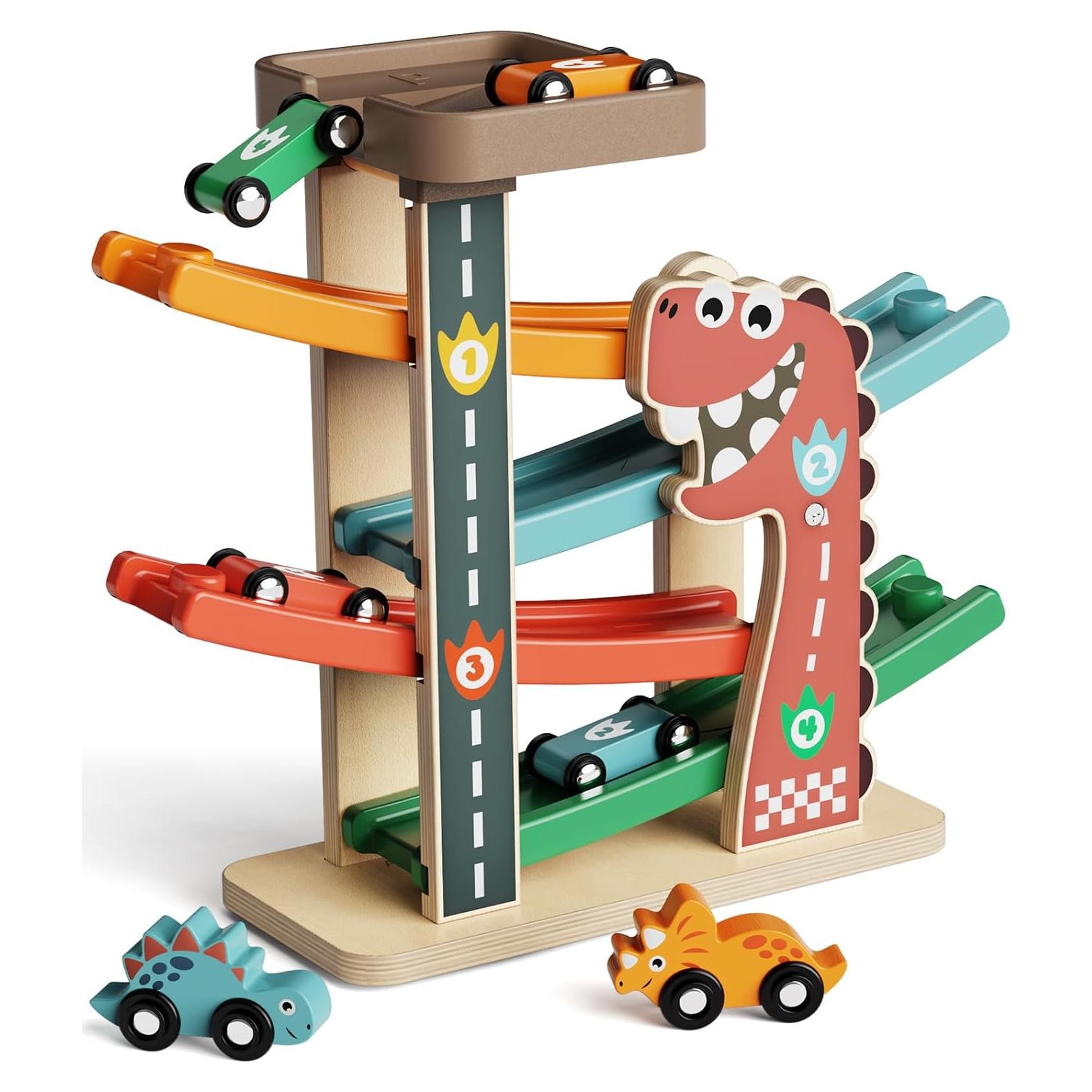 Pista de Carreras de Madera Paisure con 4 Coches Mini y Dinosaurios