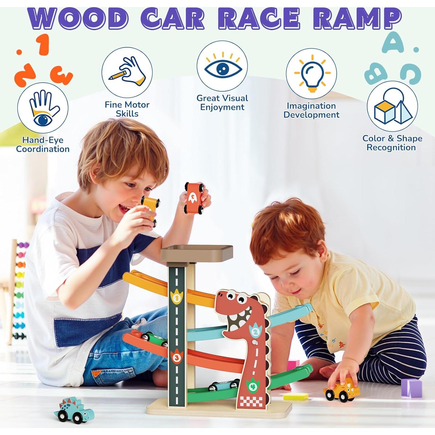 Pista de Carreras de Madera Paisure con 4 Coches Mini y Dinosaurios