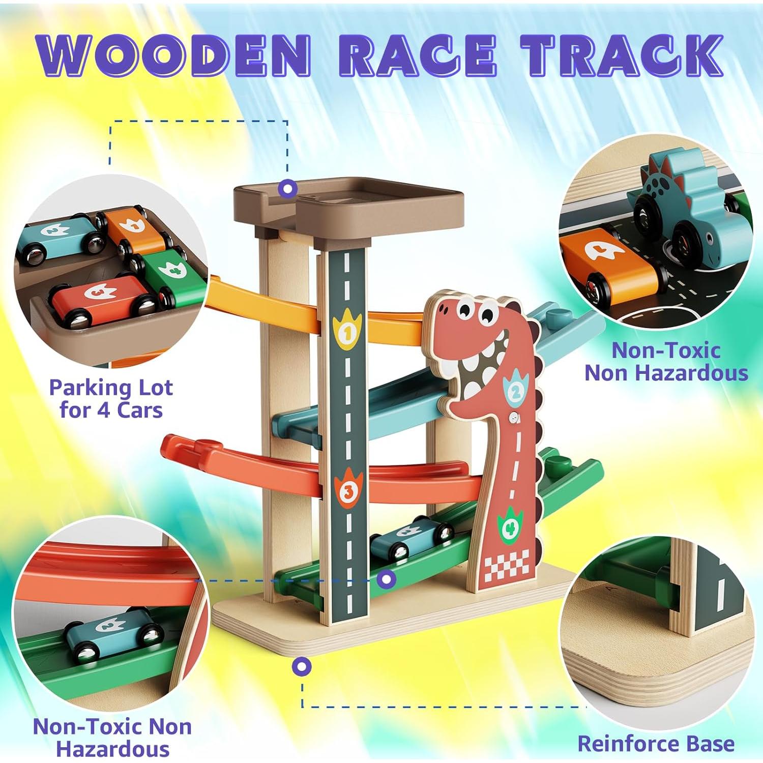 Pista de Carreras de Madera Paisure con 4 Coches Mini y Dinosaurios