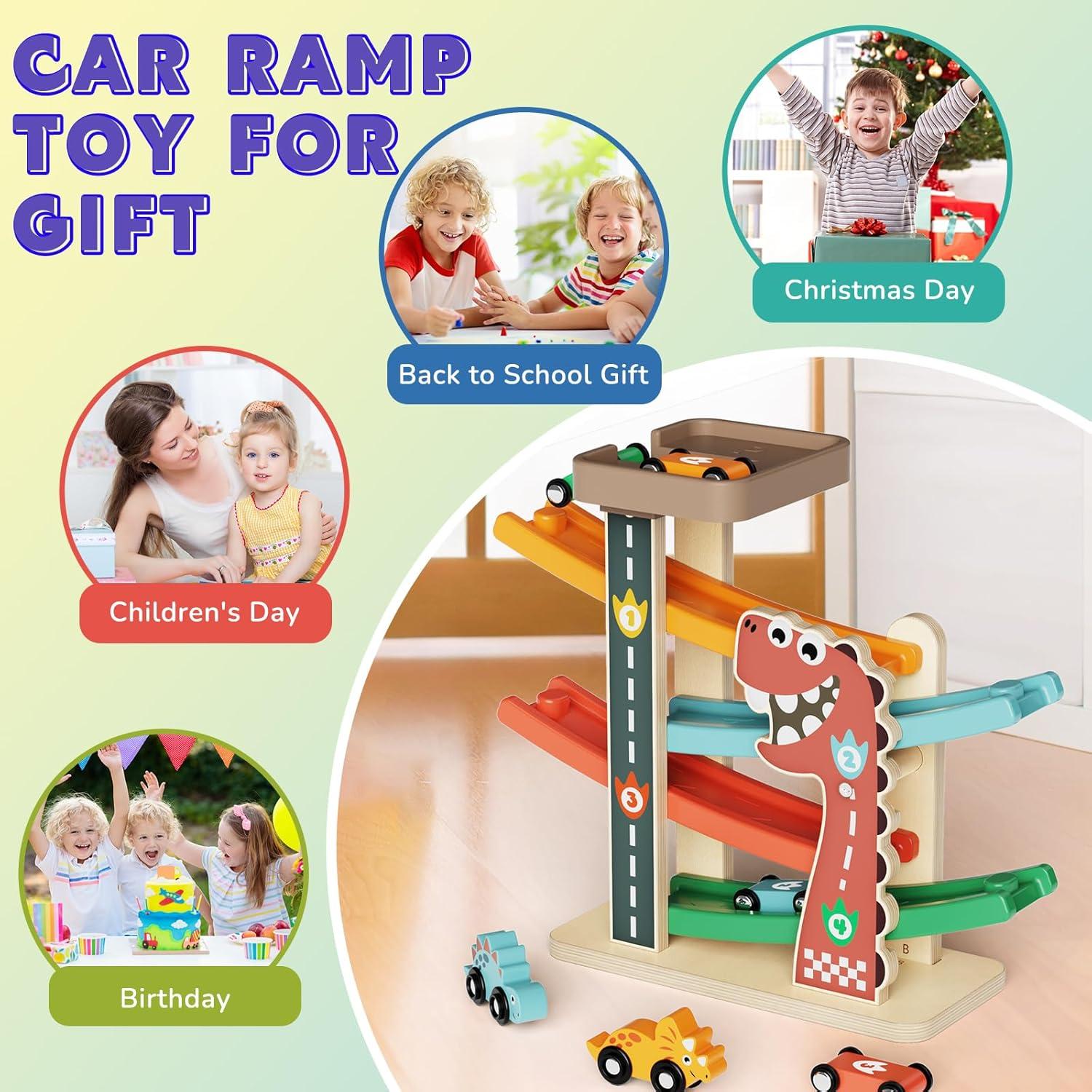 Pista de Carreras de Madera Paisure con 4 Coches Mini y Dinosaurios