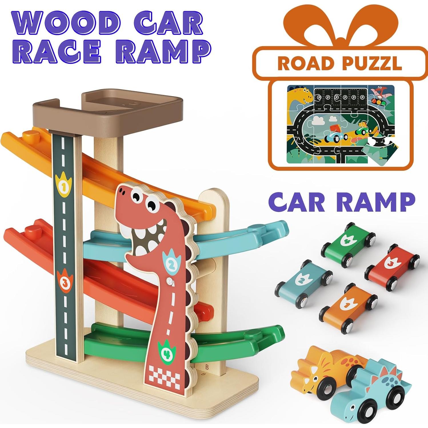 Pista de Carreras de Madera Paisure con 4 Coches Mini y Dinosaurios