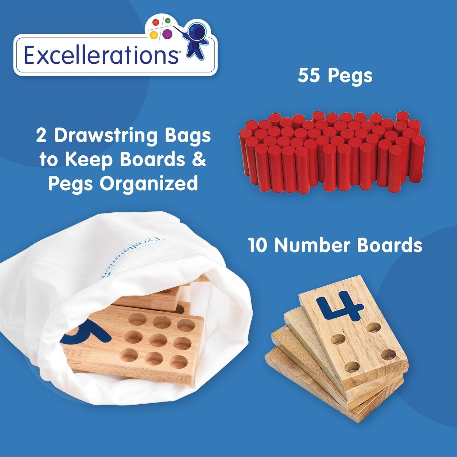 Tablero de Números Montessori Excellerations - 10 Tableros de Madera + 55 Clavos