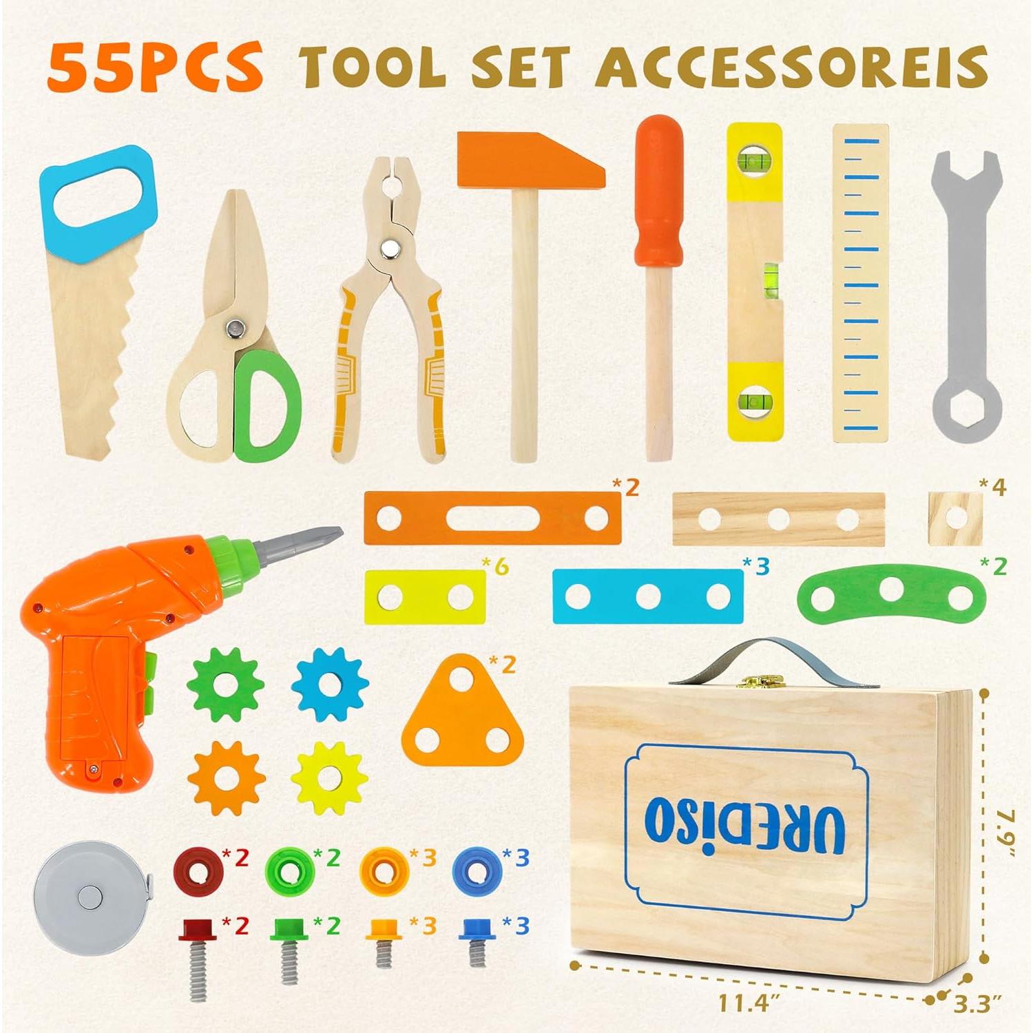 Juego de Herramientas para Niños UREDISO con Taladro Eléctrico 55 Piezas