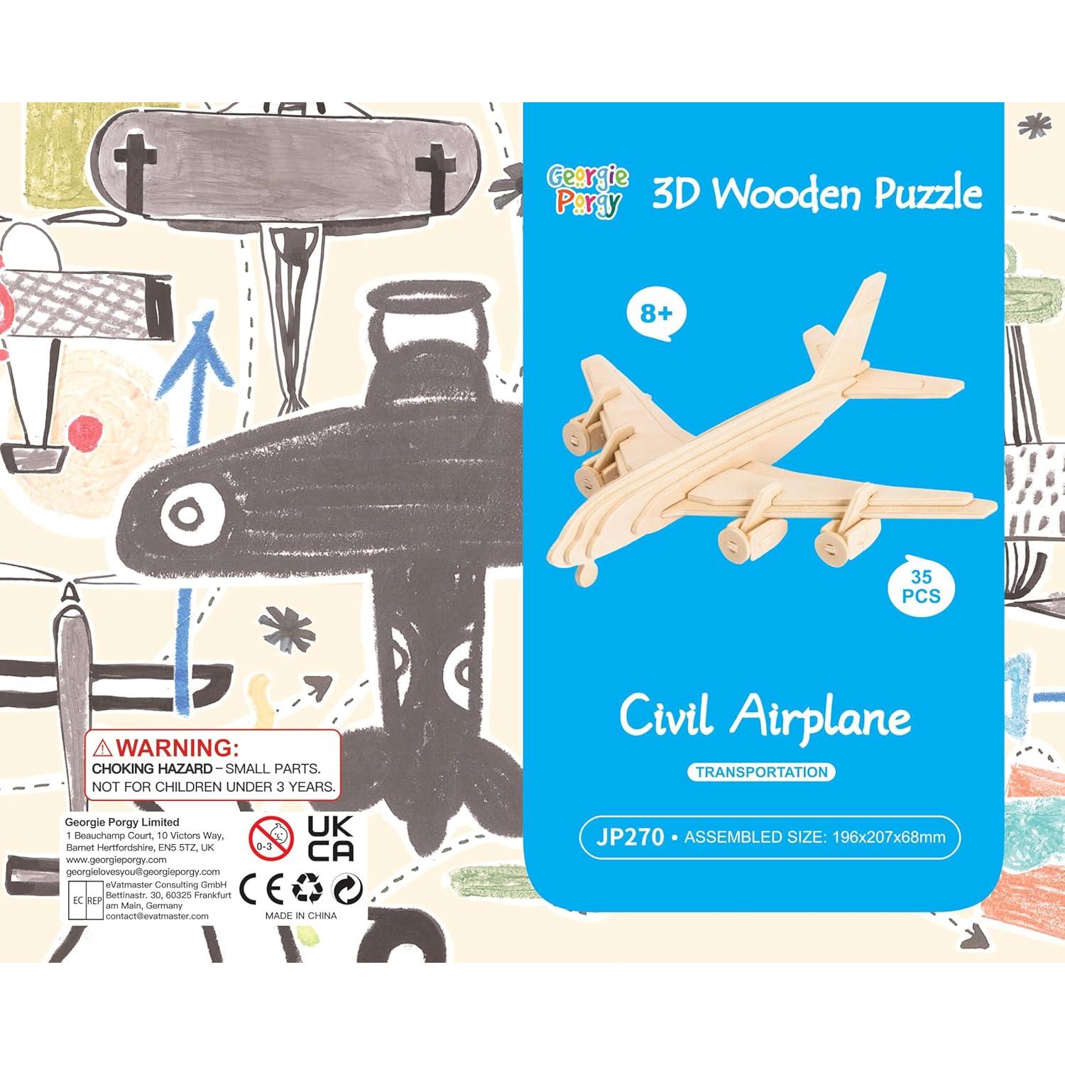 Rompecabezas de Madera 3D Georgie Porgy - Biplano, Helicóptero, Avión Civil