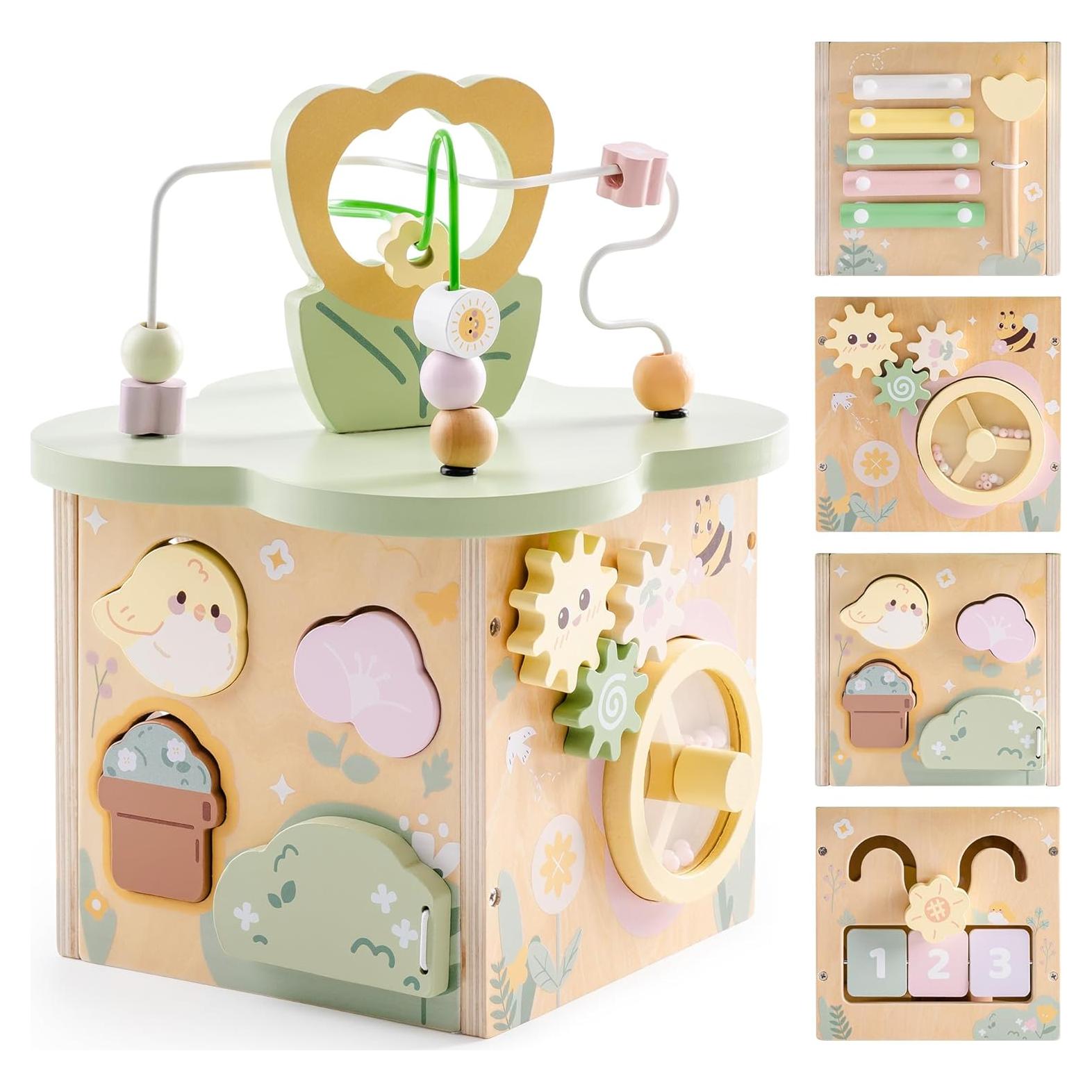 Cubo de Actividades de Madera ROBUD con 7 Áreas Interactivas