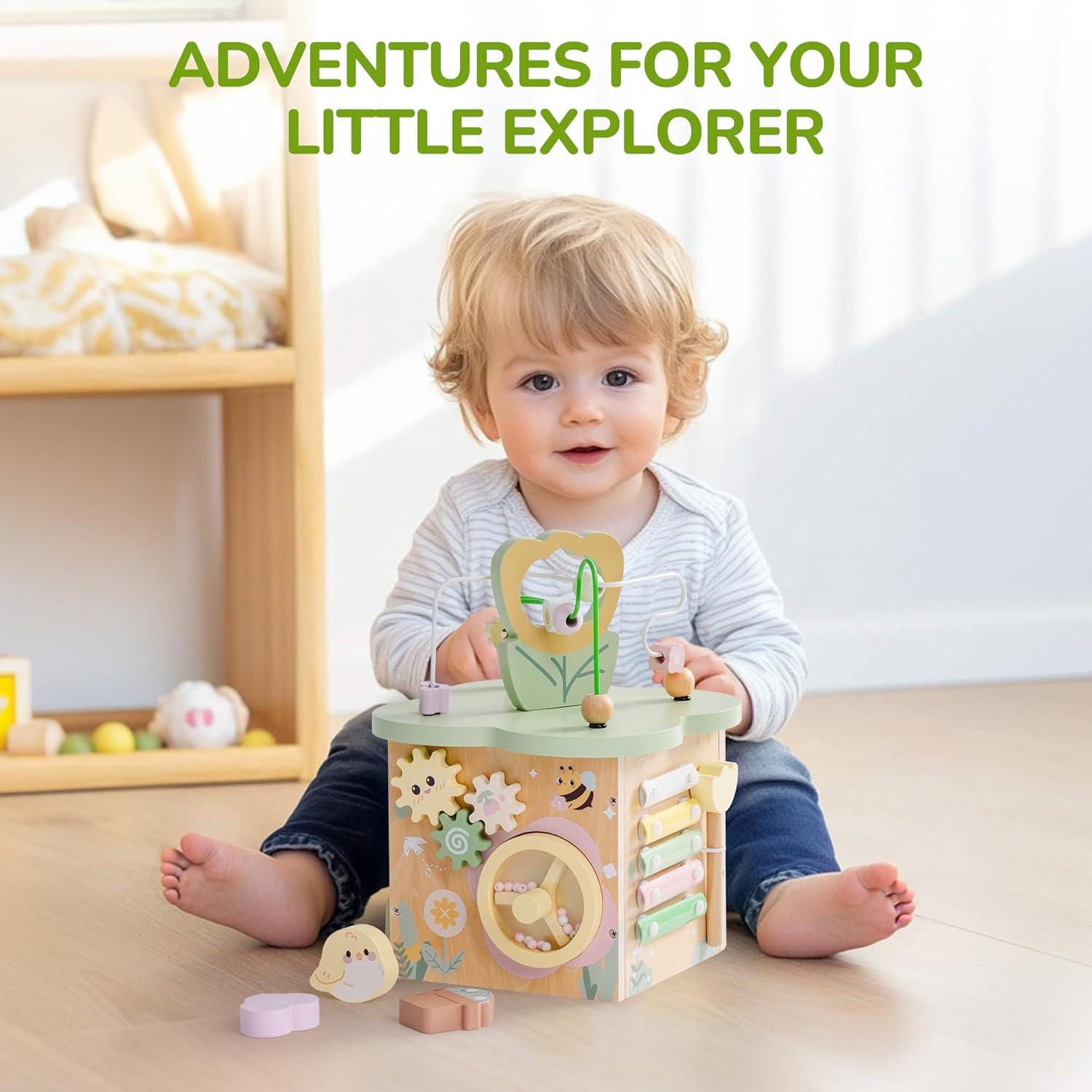 Cubo de Actividades de Madera ROBUD con 7 Áreas Interactivas