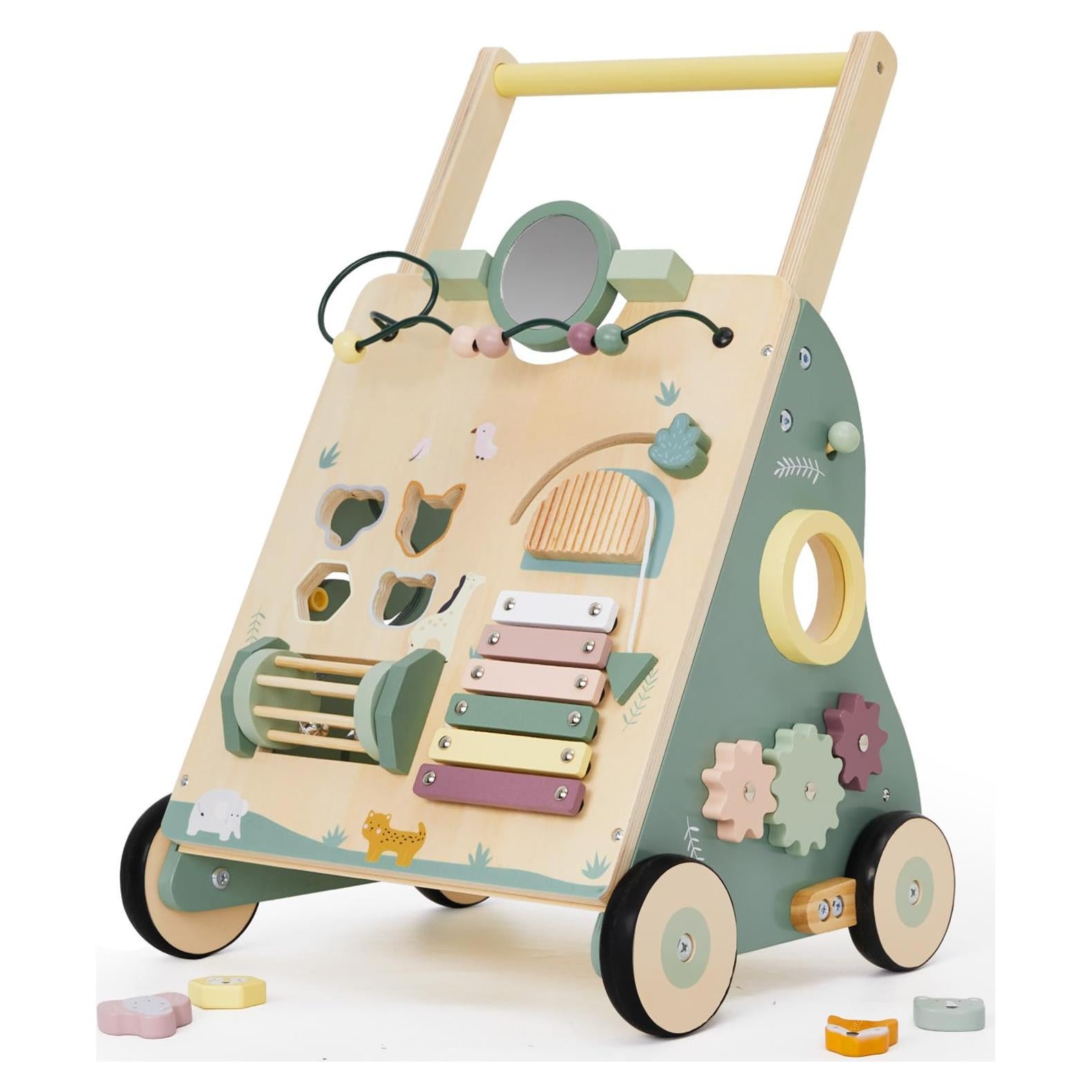 Andador de Madera Verde para Niños - Juguete Montessori con Actividades