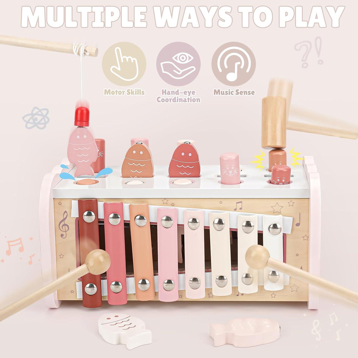 Juguete Montessori Joyreal Martillo Rosa con Xilófono y Pesca