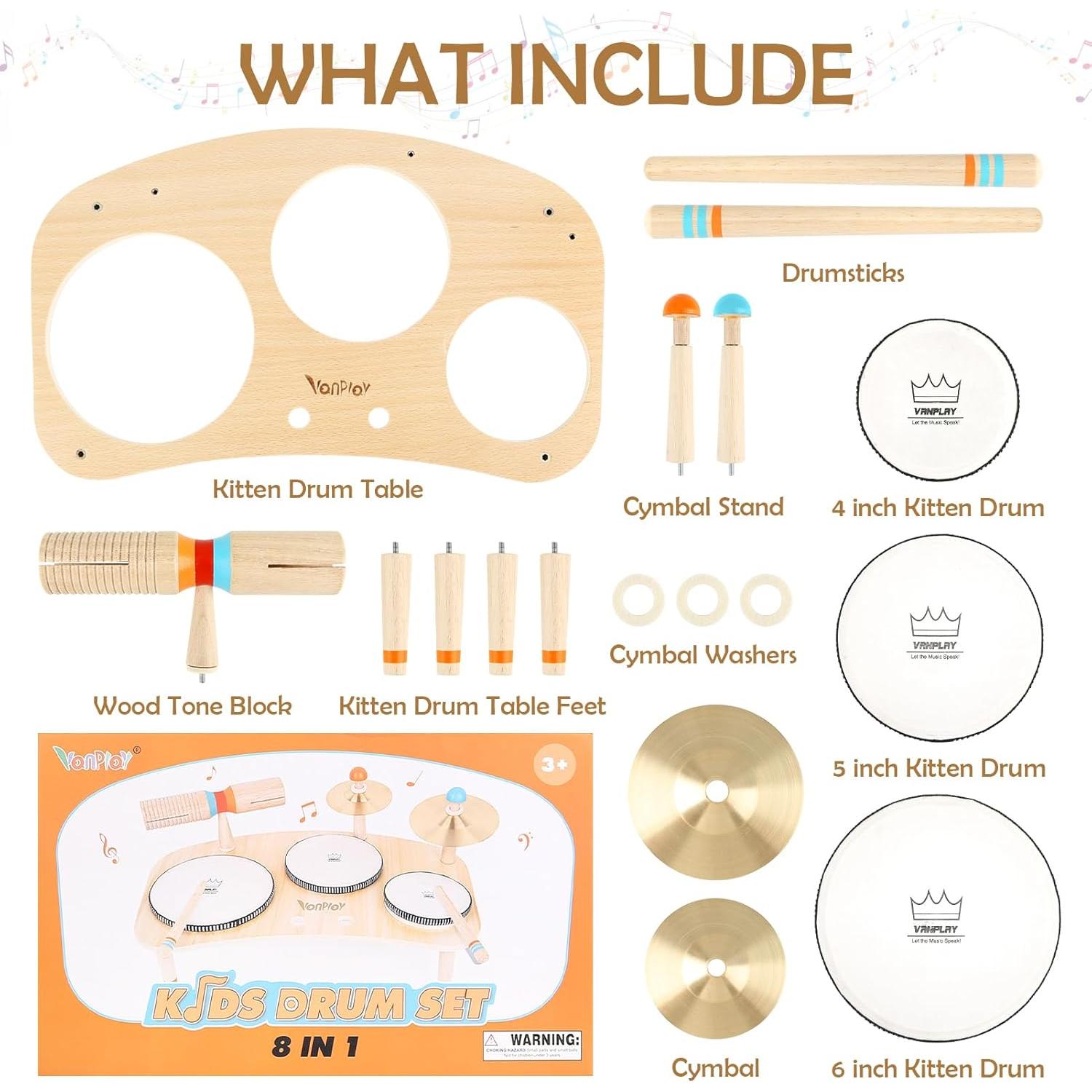 Set de Batería Musical de Madera para Niños 1-3 Años