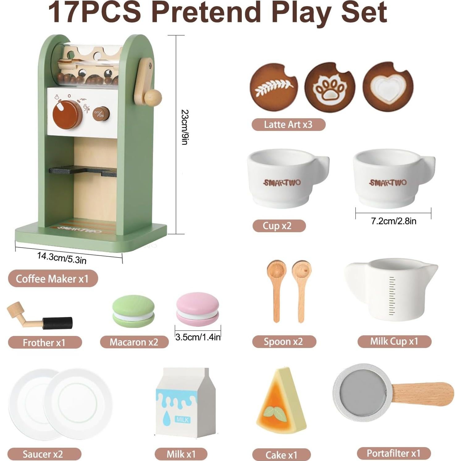 Juguete de Cafetera de Madera Smartwo 17 Piezas para Niños
