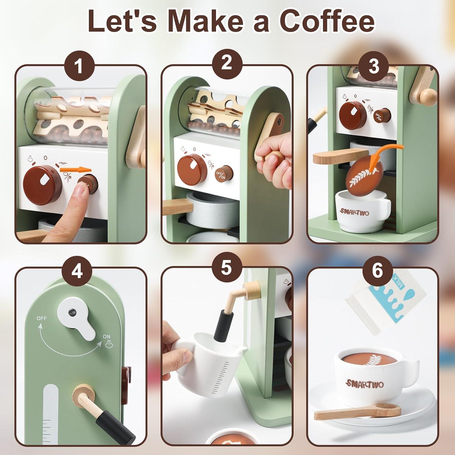 Juguete de Cafetera de Madera Smartwo 17 Piezas para Niños