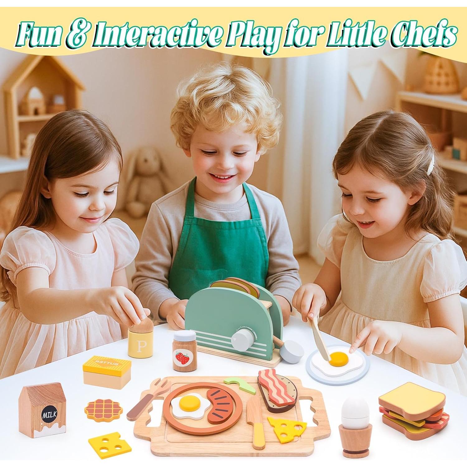 Set de Cocina de Madera para Niños FUNCREVITY - Tostadora y Alimentos