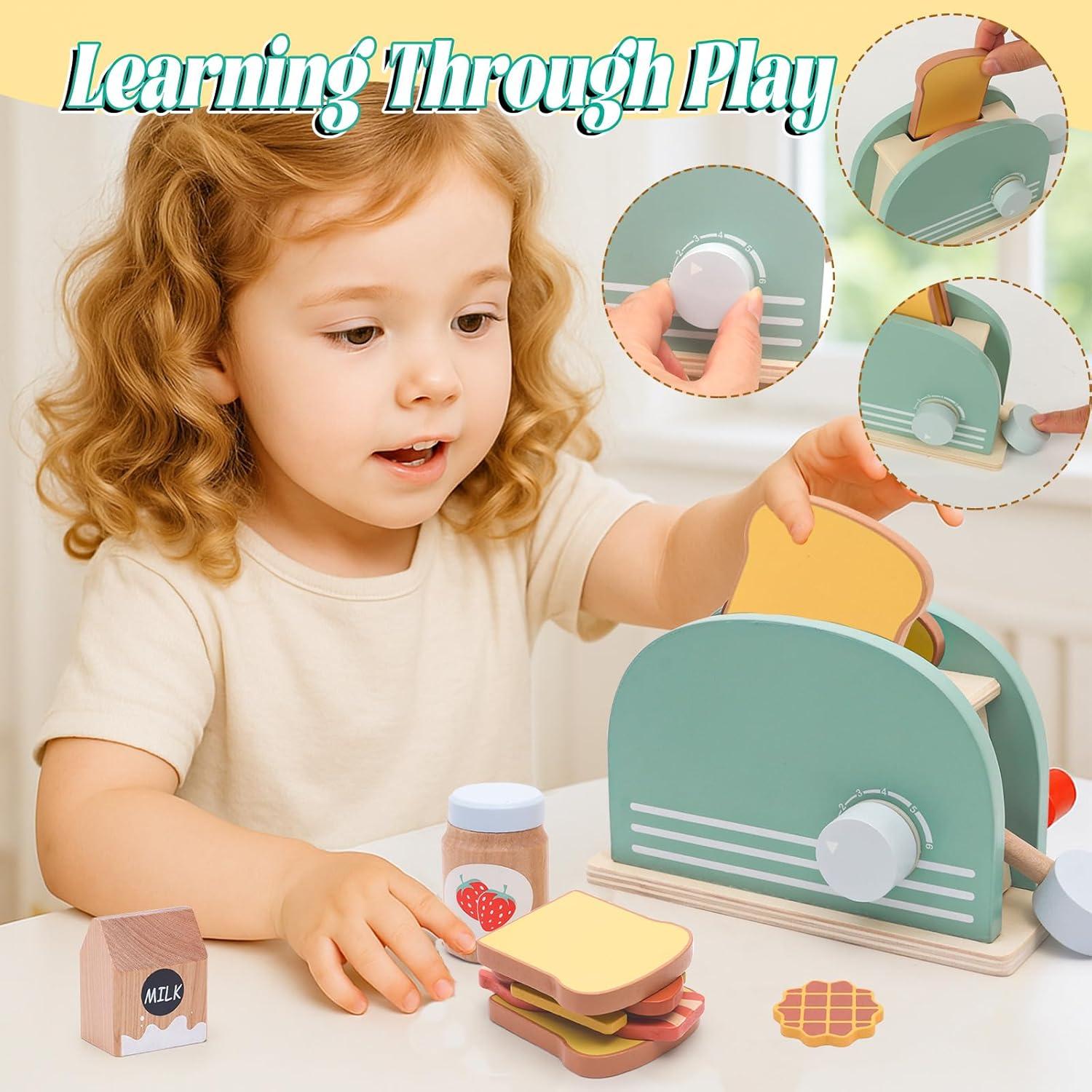 Set de Cocina de Madera para Niños FUNCREVITY - Tostadora y Alimentos