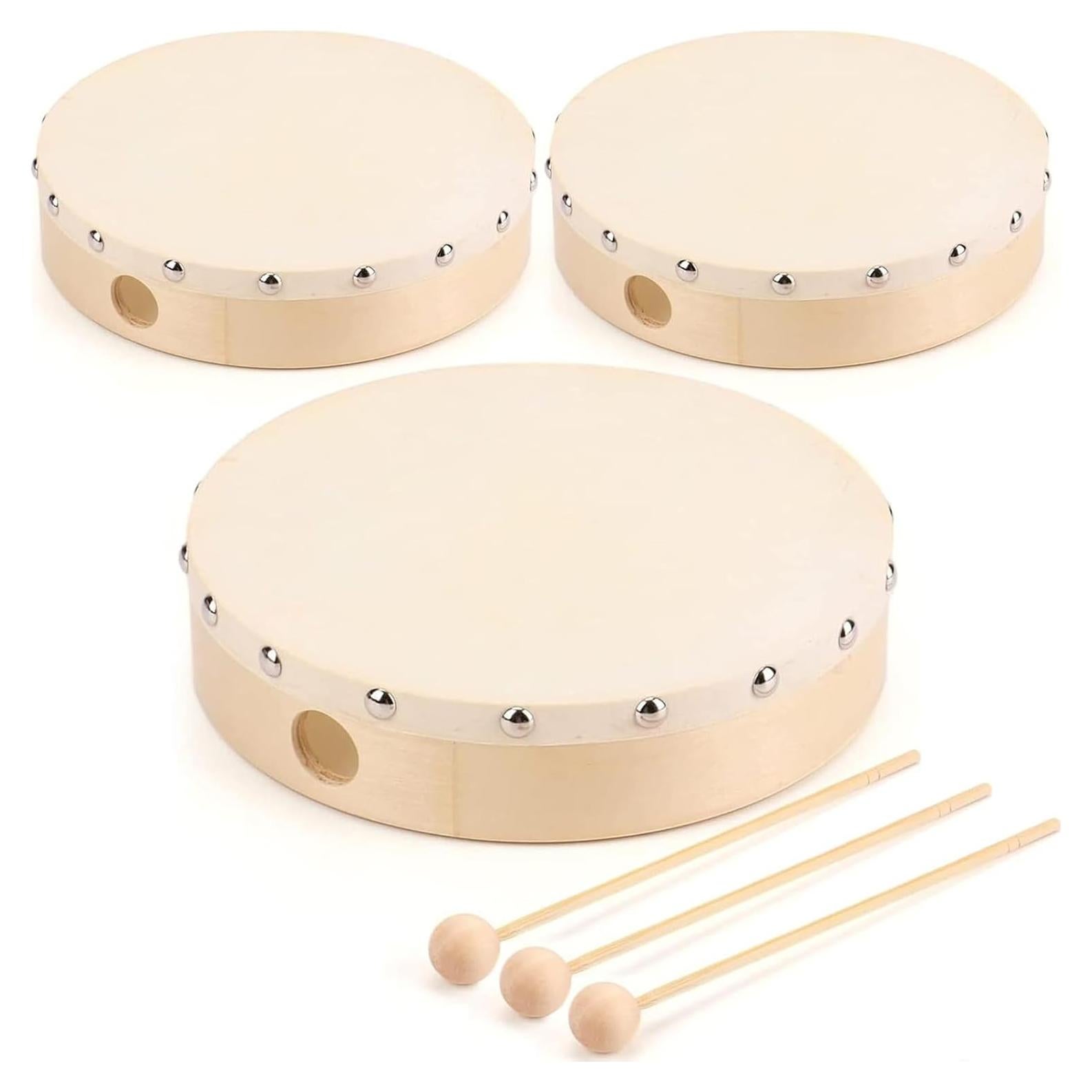 Foraineam 3 Piezas Tambor de Mano Madera 20.32cm Cabeza Cabra