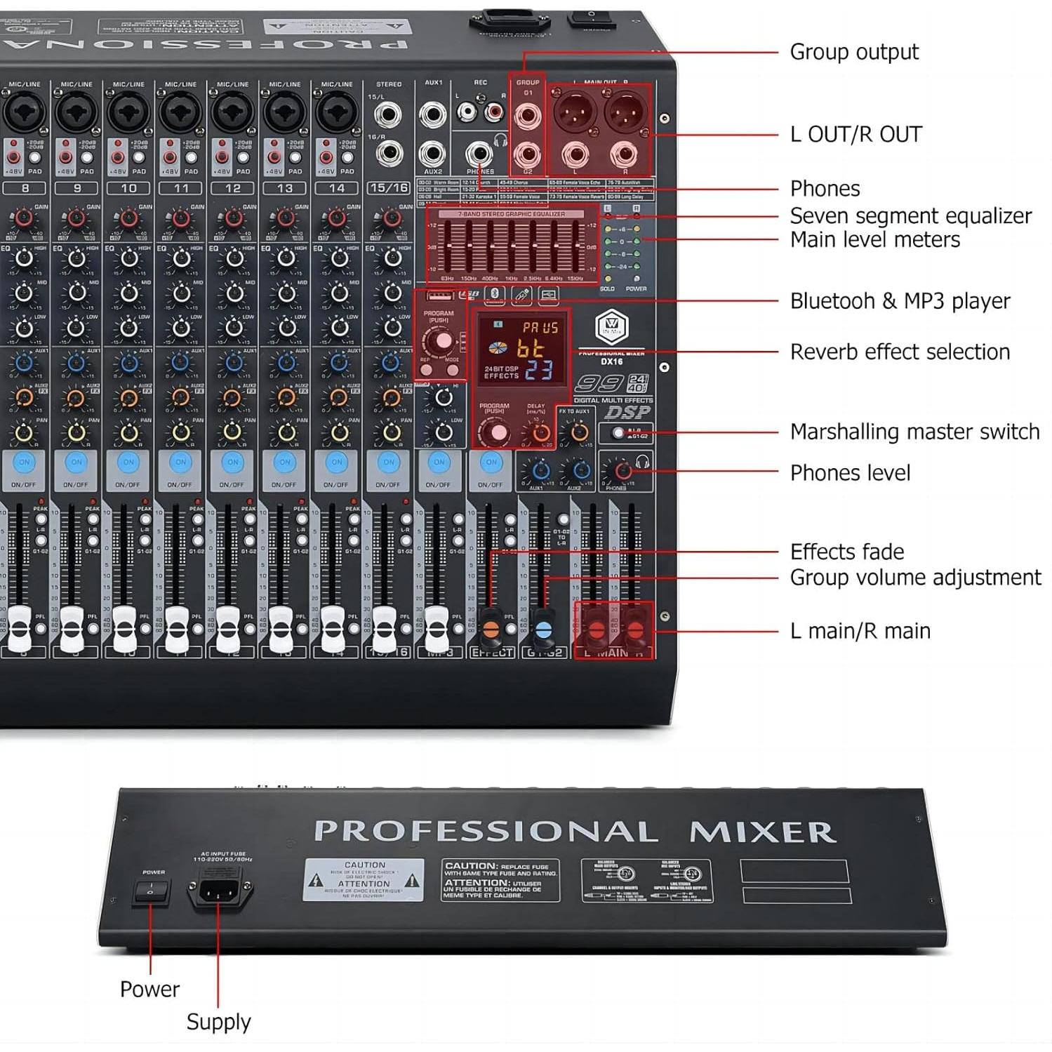 Mezclador de Audio W IN-Mix DX16 16 Canales Bluetooth USB