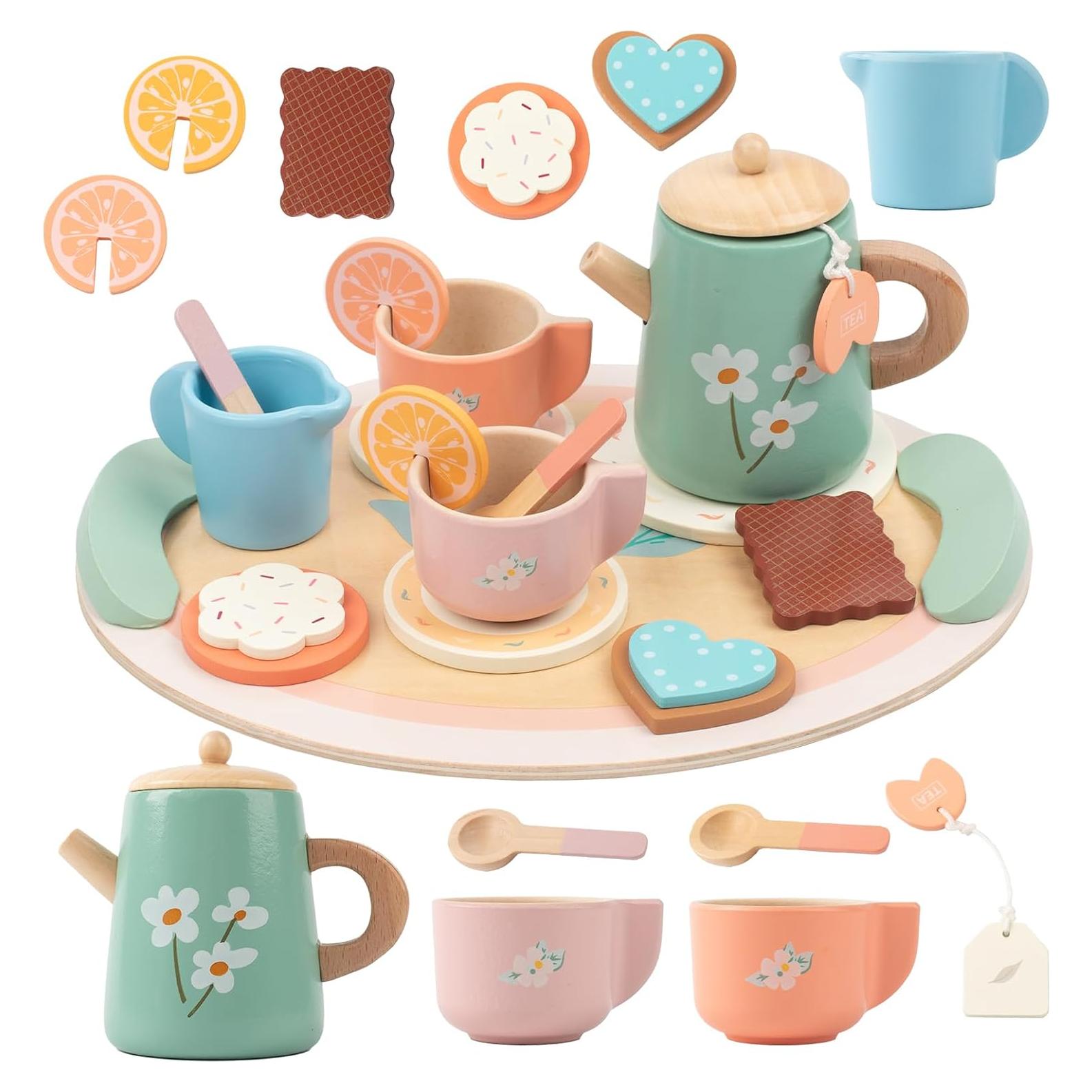 Juego de té de madera KDSFT para niños 3 a 5 años 16 piezas