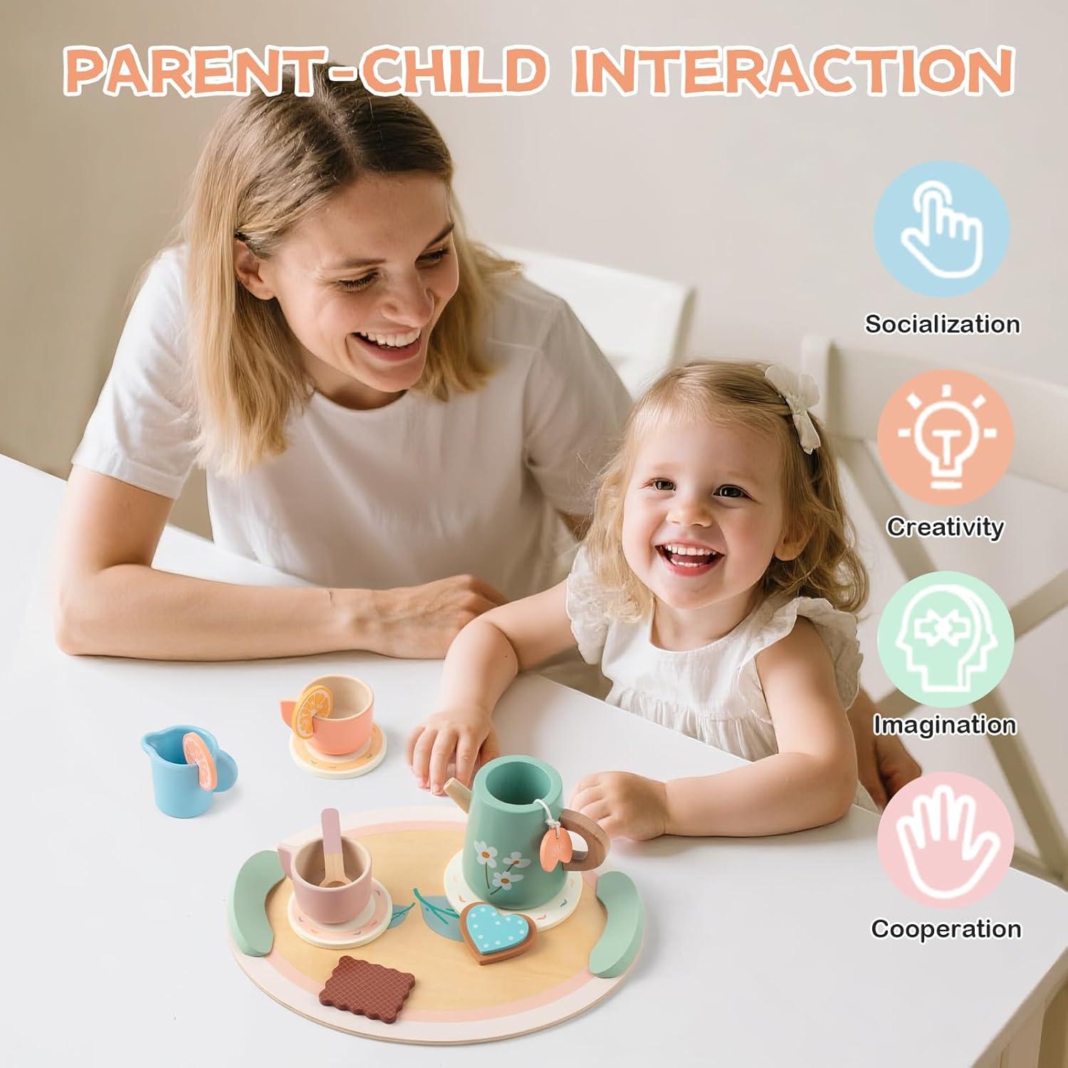 Juego de té de madera KDSFT para niños 3 a 5 años 16 piezas