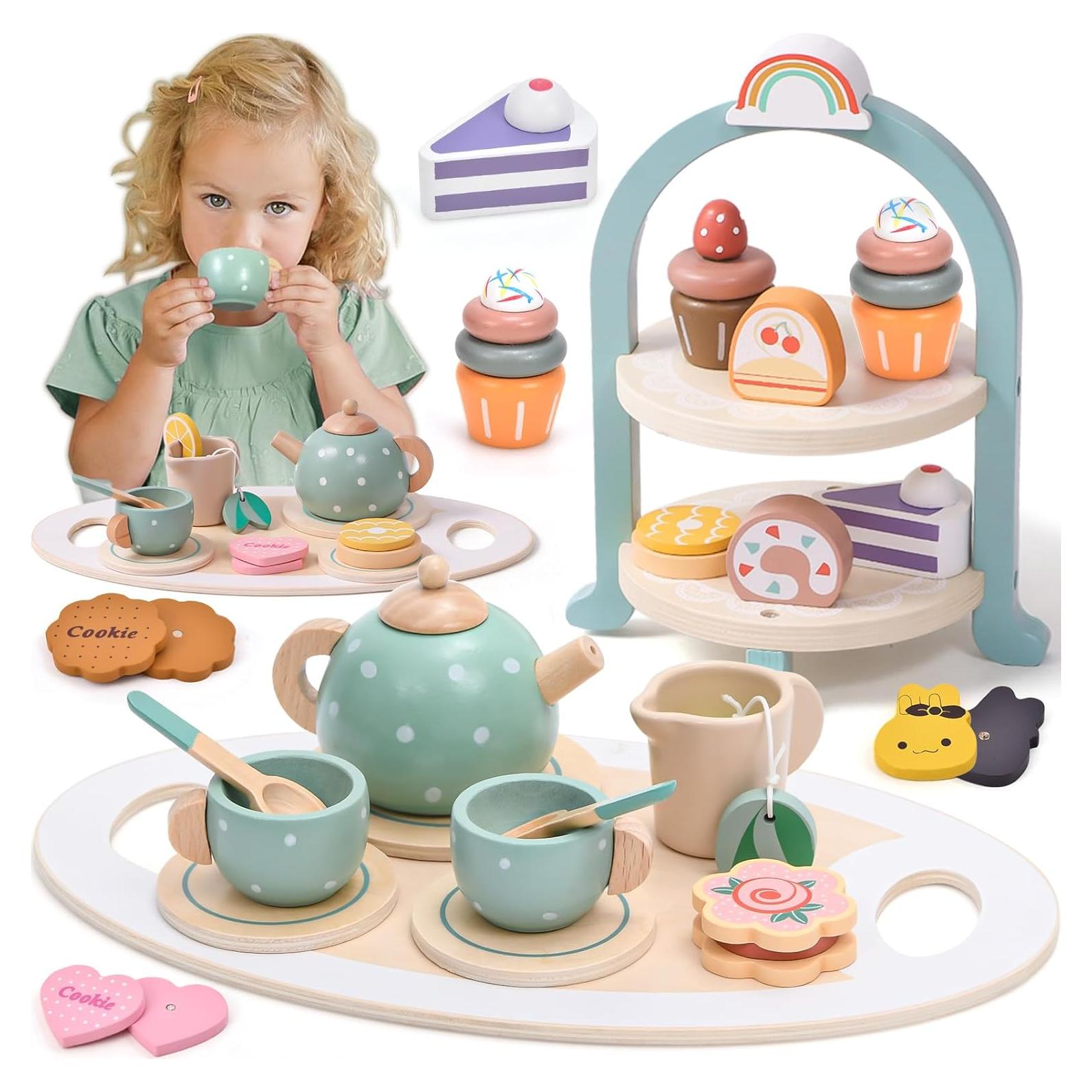Juego de Té de Madera Atoylink 28 Piezas para Niños 3+