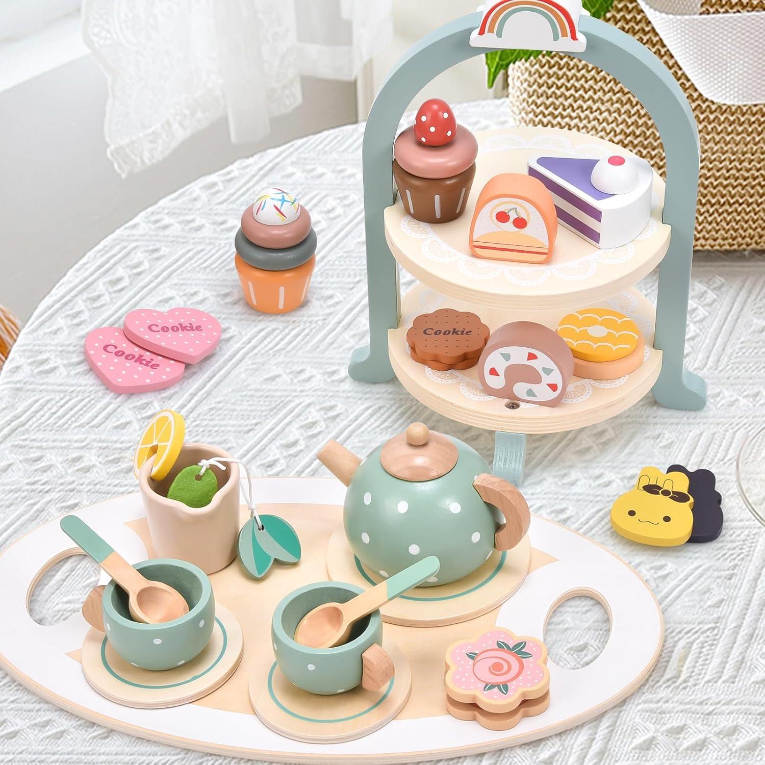 Juego de Té de Madera Atoylink 28 Piezas para Niños 3+