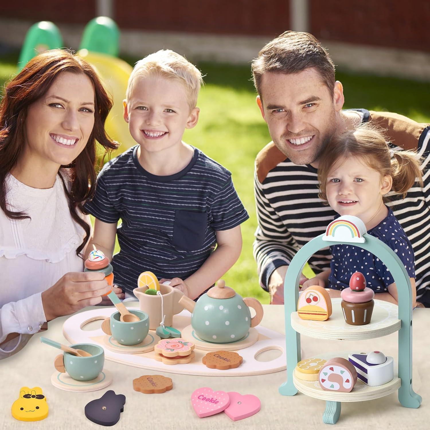 Juego de Té de Madera Atoylink 28 Piezas para Niños 3+