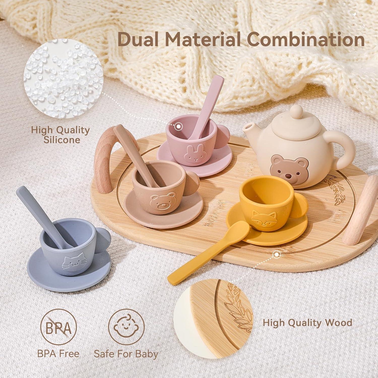 Juego de té para niños Samonyed con bandeja de madera 15 Pcs