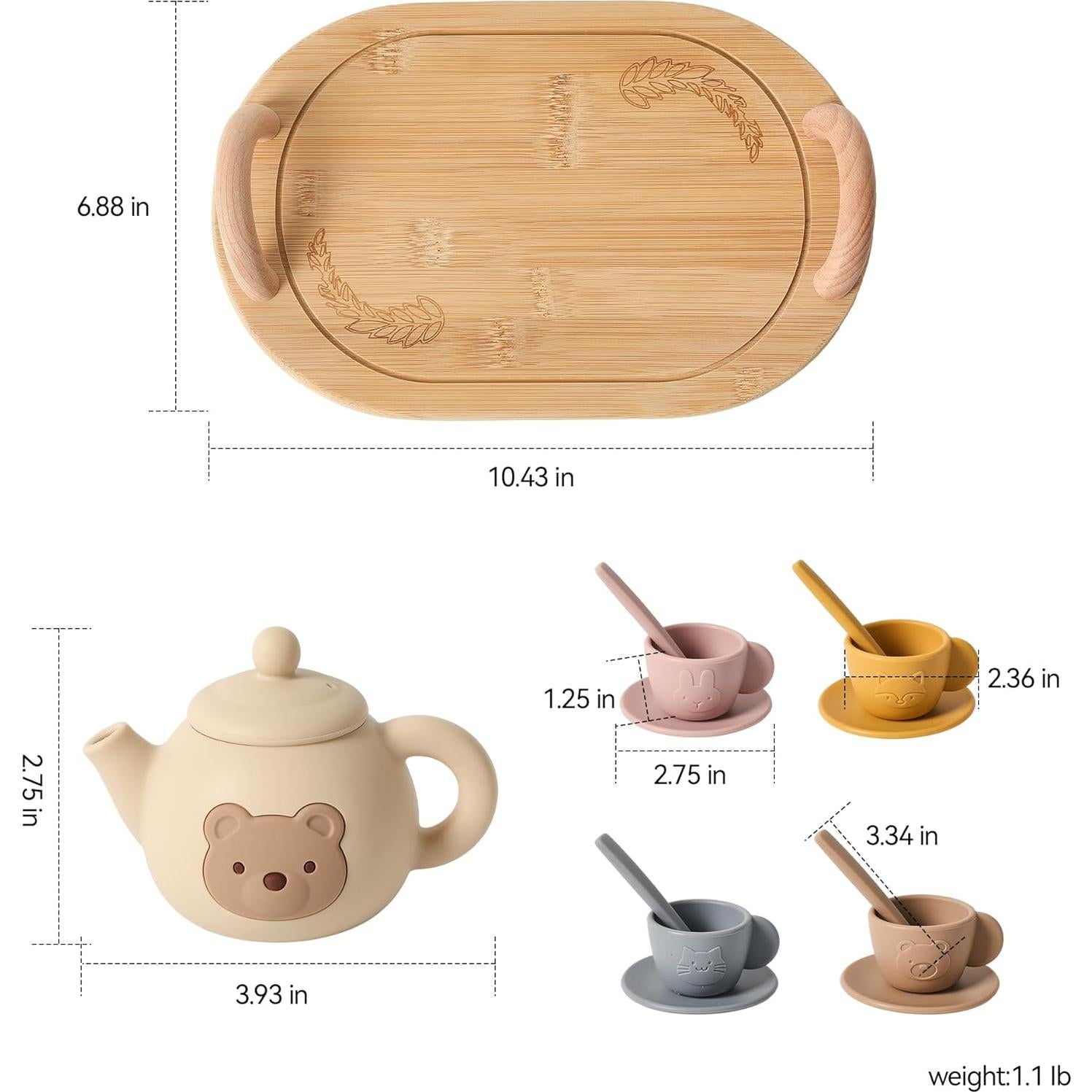 Juego de té para niños Samonyed con bandeja de madera 15 Pcs