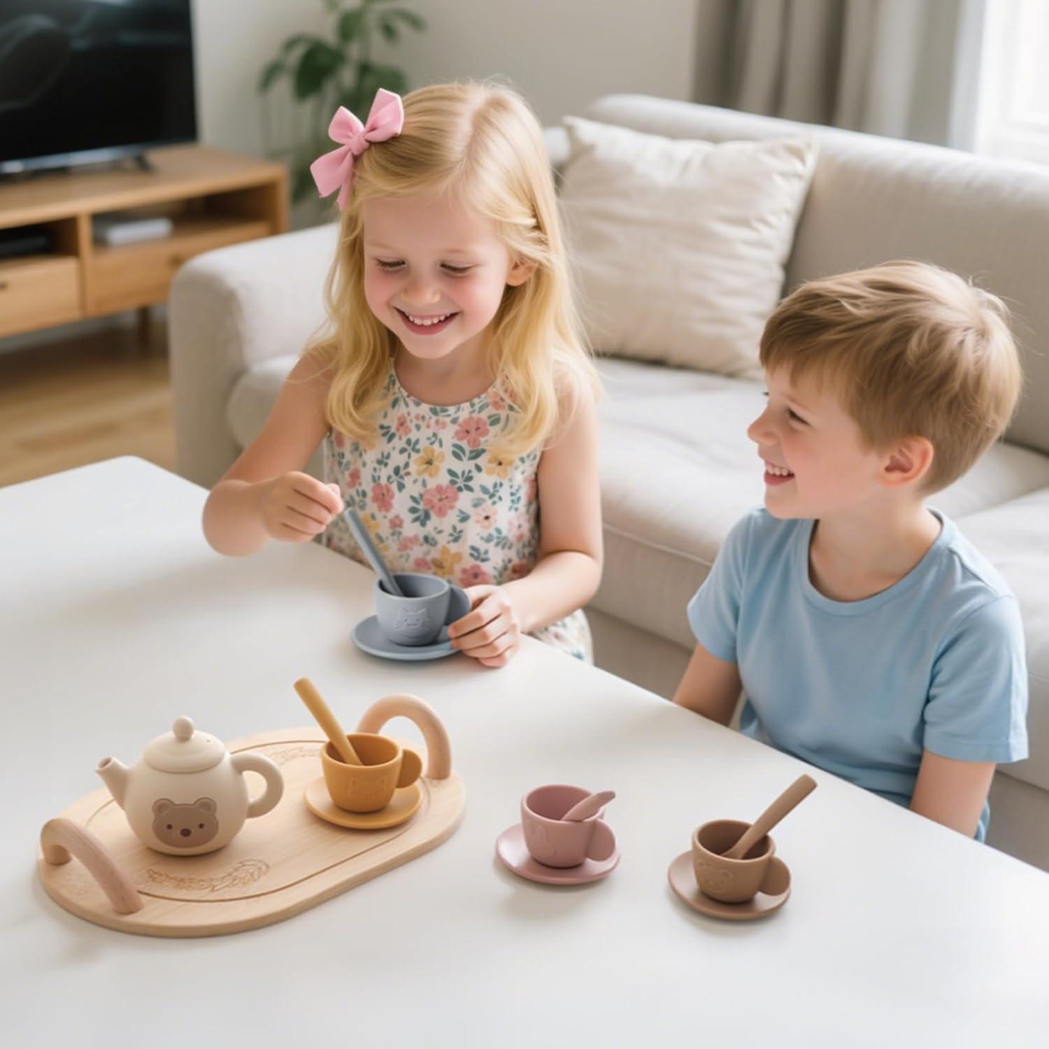 Juego de té para niños Samonyed con bandeja de madera 15 Pcs